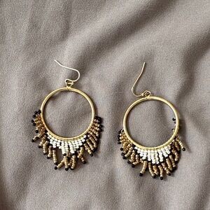 Elegant Gold and Black Beaded Hoop Earrings